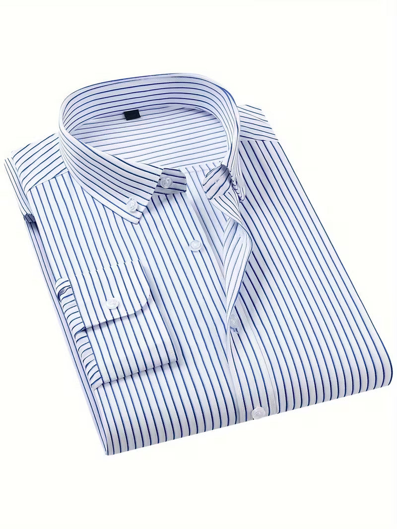 New Men's Cotton Blend Striped Long-sleeve Shirt with a Casual Striped Design, Perfect for Layering and Versatile for Various Outfits