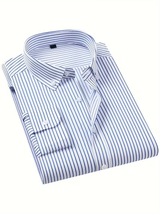 New Men's Cotton Blend Striped Long-sleeve Shirt with a Casual Striped Design, Perfect for Layering and Versatile for Various Outfits