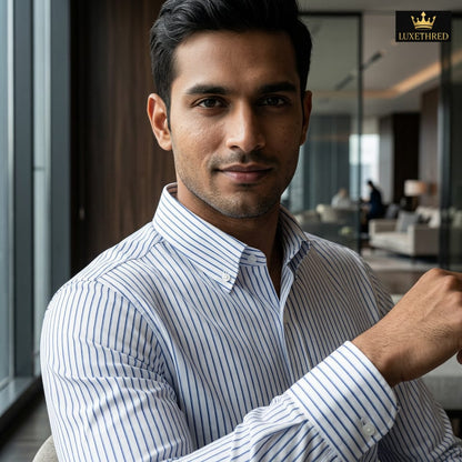 New Men's Cotton Blend Striped Long-sleeve Shirt with a Casual Striped Design, Perfect for Layering and Versatile for Various Outfits