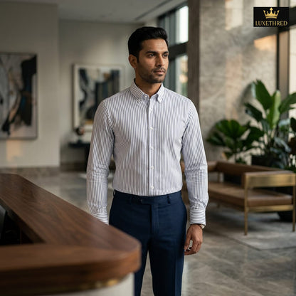 New Men's Cotton Blend Striped Long-sleeve Shirt with a Casual Striped Design, Perfect for Layering and Versatile for Various Outfits