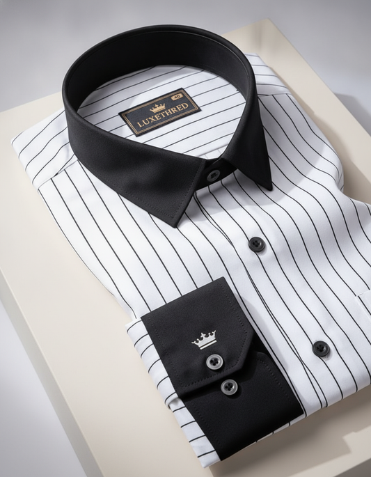 Men's White Pinstripe Formal Shirt with Black Contrast Collar & Cuffs