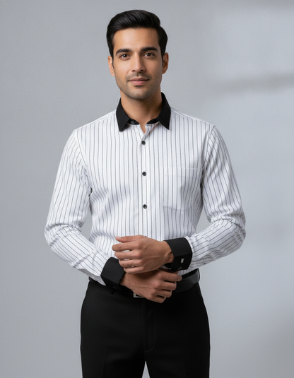 Men's White Pinstripe Formal Shirt with Black Contrast Collar & Cuffs