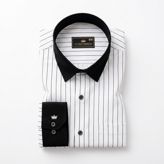 Men's White Pinstripe Formal Shirt with Black Contrast Collar & Cuffs